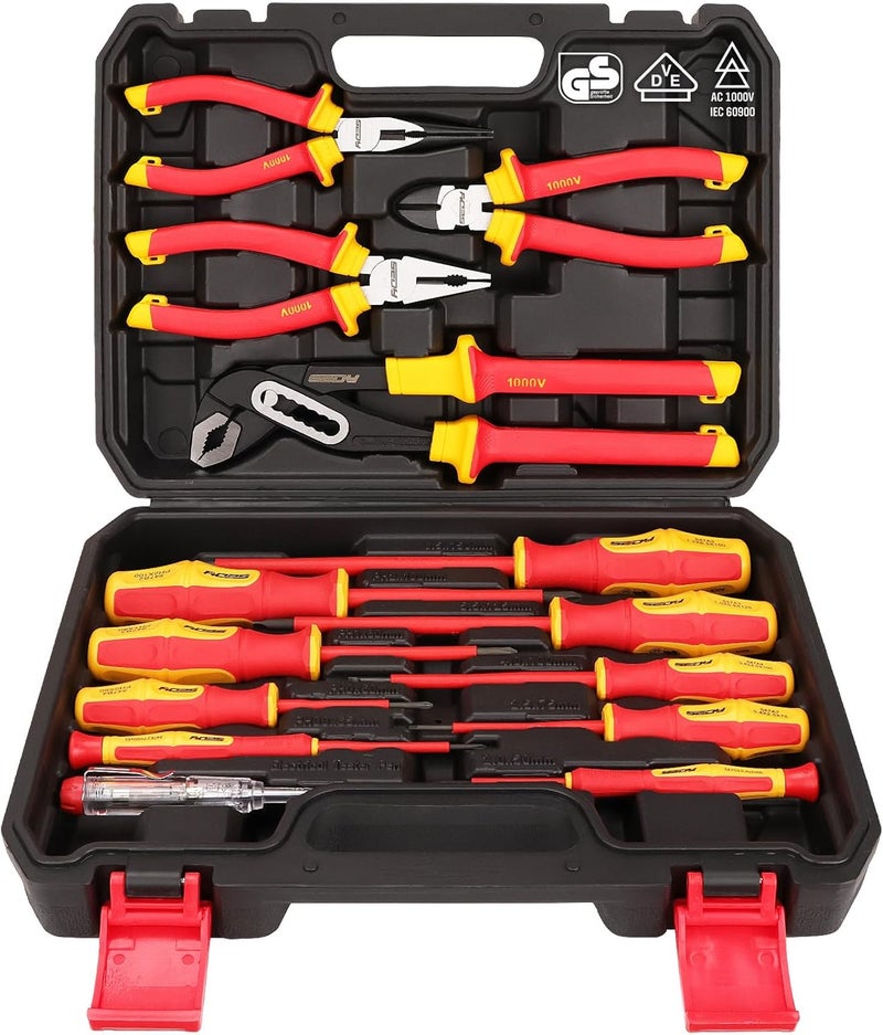 SEDY Insulated Screwdriver & Pliers Set: 14-Piece VDE Insulated Set 1000V Insulated Electrician Tool Set with Magnetic Phillips, Slotted Screwdrivers and Insulated Pliers - Image 1